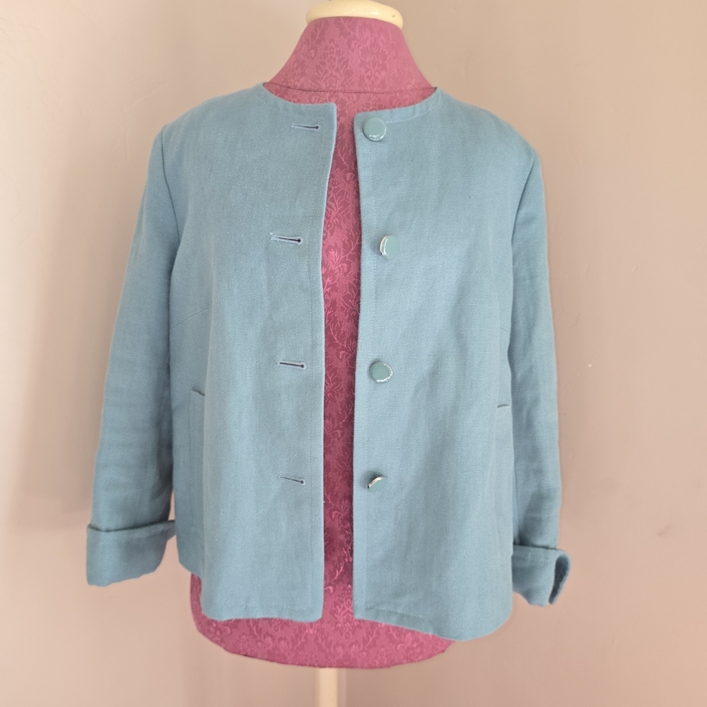 TALBOTS 100% Linen Blazer Womens Sz 12 Teal Tiffany Jacket Blazer Career Casual